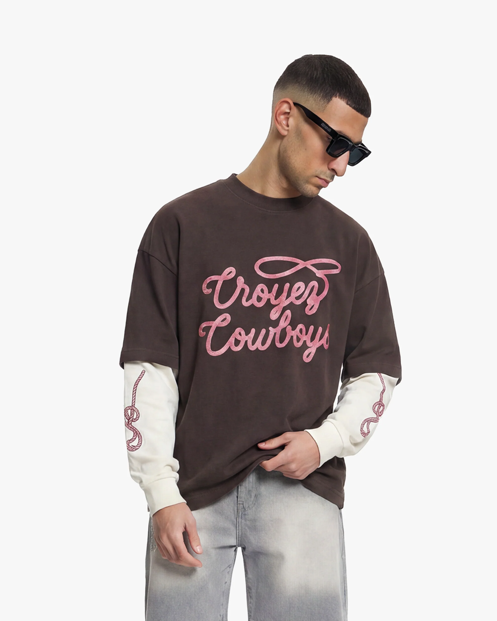 Croyez Cowboys Double Sleeve T-Shirt | Washed Brown - Image 3
