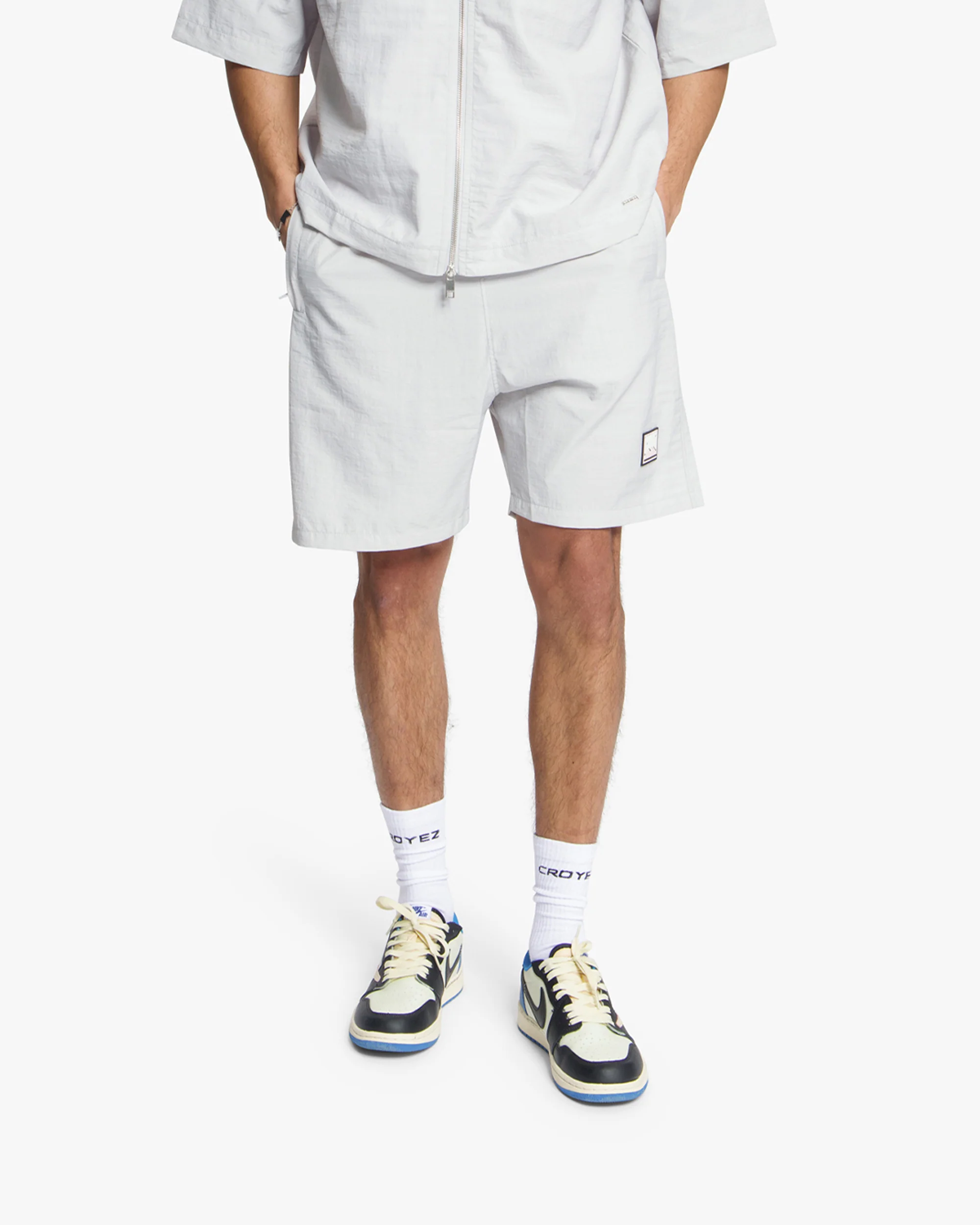Croyez Crinkle Patch Shorts | Light Grey - Image 3